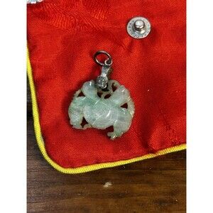 Vintage Light Green Jade Carved Pendant Charm & Satin Bag